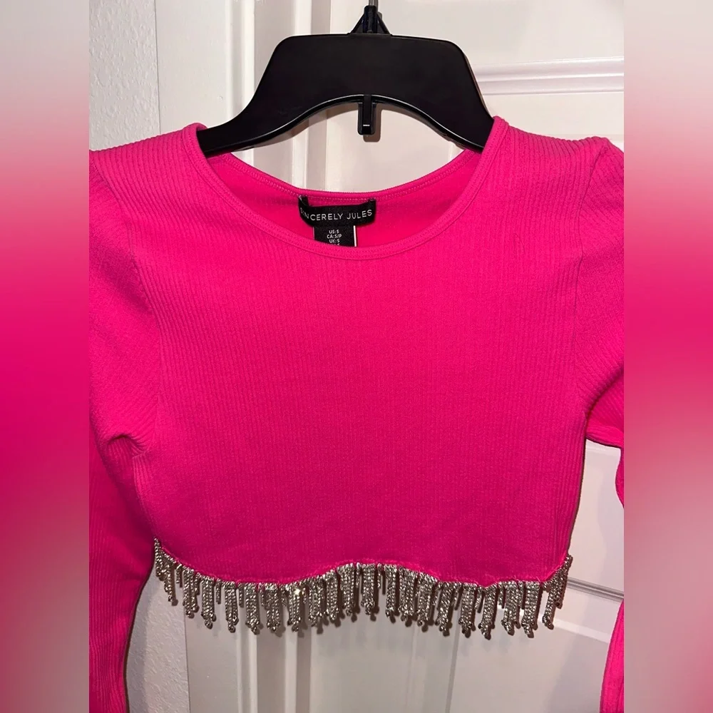 top Sexy hot pink diamond rhinestone dazzling crop blouse size small - Picture 2 of 4